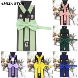 Fashion Unisex Suspender Set Sage Green Pink Braces With Satin Bowtie Clip-on Elastic Y-back Mens Straps Butterfly Party Wedding