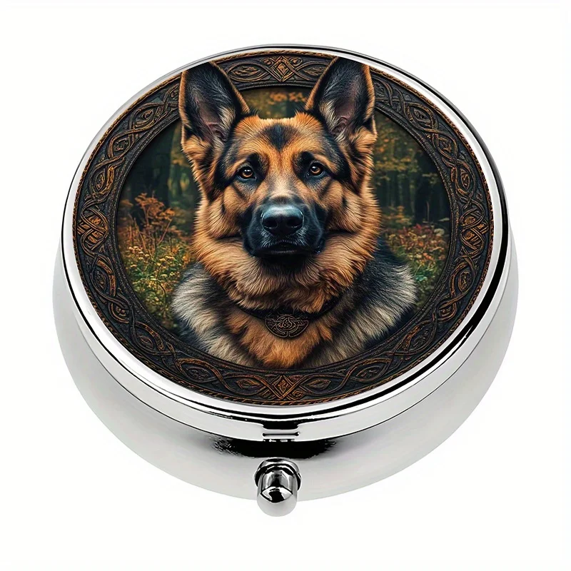 1 pill box, 3 compartments German Shepherd theme, mini pill box, medication storage box, decorative metal storage box, used for storing medication and vitamins