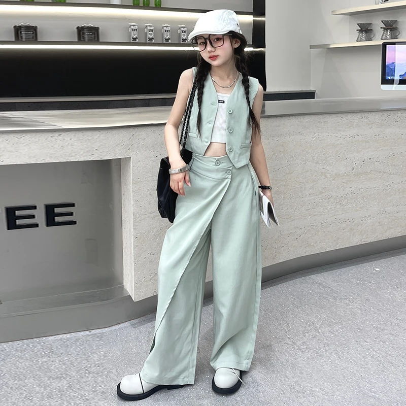 

Teenage Girl Blazer Vest Set Summer Autumn New V-neck Buttons Tank Tops +Irregular Wide-leg Pants Outfits Chic Walk Show Costume