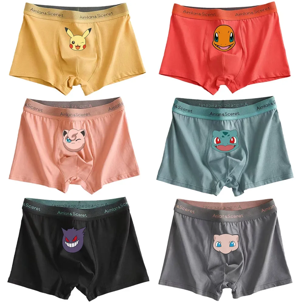 Anime Boxer Briefs Pokemon Charmander Jigglypuff Bulbasaur Gengar Pikachu Squirtle Mew Pure Cotton Men\'s Underwear Plus Size Fat