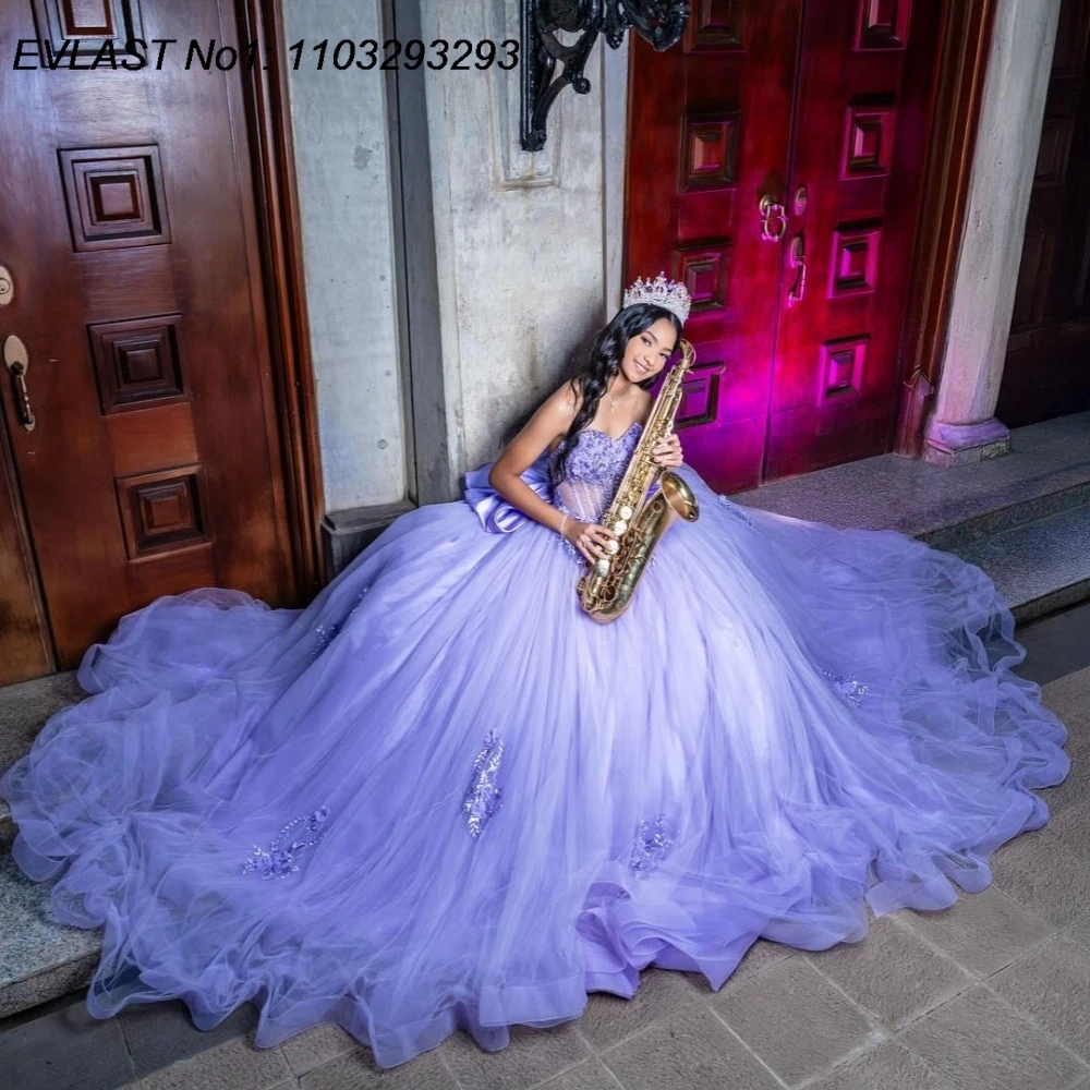 

EVLAST Customized Luxury Lilac Ball Gown Quinceanera Dress Glitter Lace Applique Beaded Bow Sweet 16 Vestidos De 15 Anos E1QN159