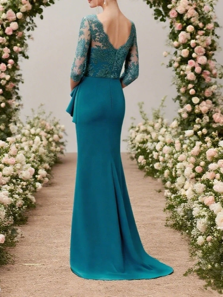 فستان شيفون رائع لأم العروس بسحاب وطيات وهمية مزين بالدانتيل رداء De Soiree نسائي مخصص