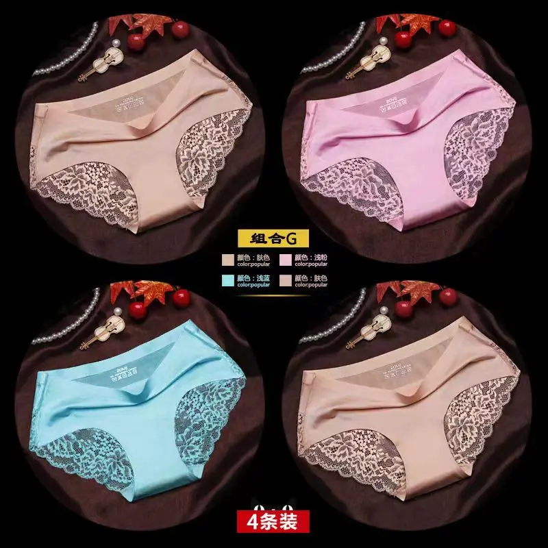 

4 PCS/Set Lace Women's Panties Big Size XL Soft Cozy Underwear Female Silk Satin Briefs Breathable Underpants Sexy Lingerie