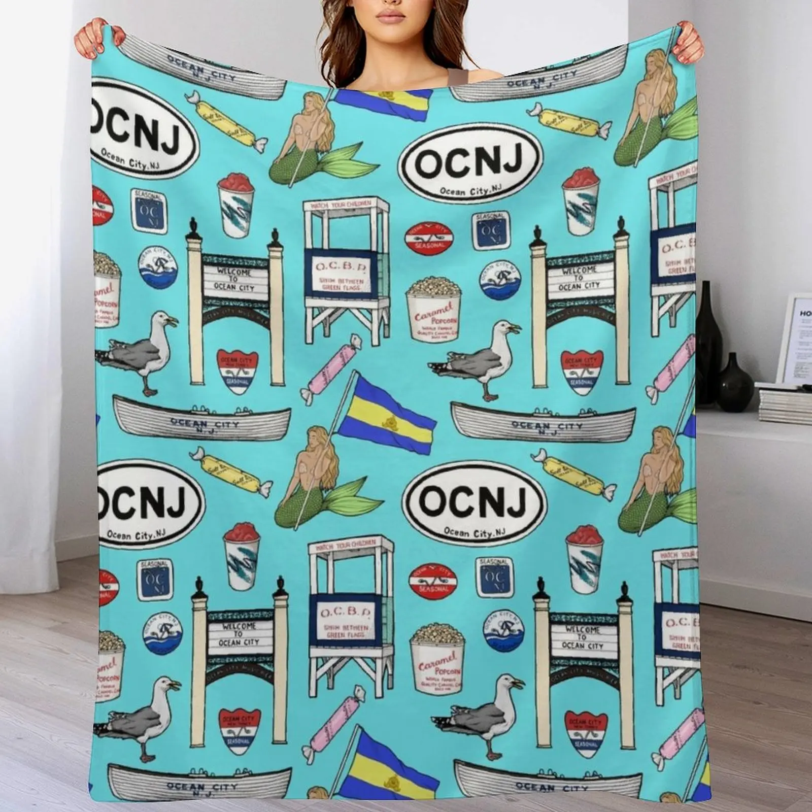 

Ocean City New Jersey Pattern - Aqua Throw Blanket Thermals For Travel Luxury Designer Travel sofa bed Blankets