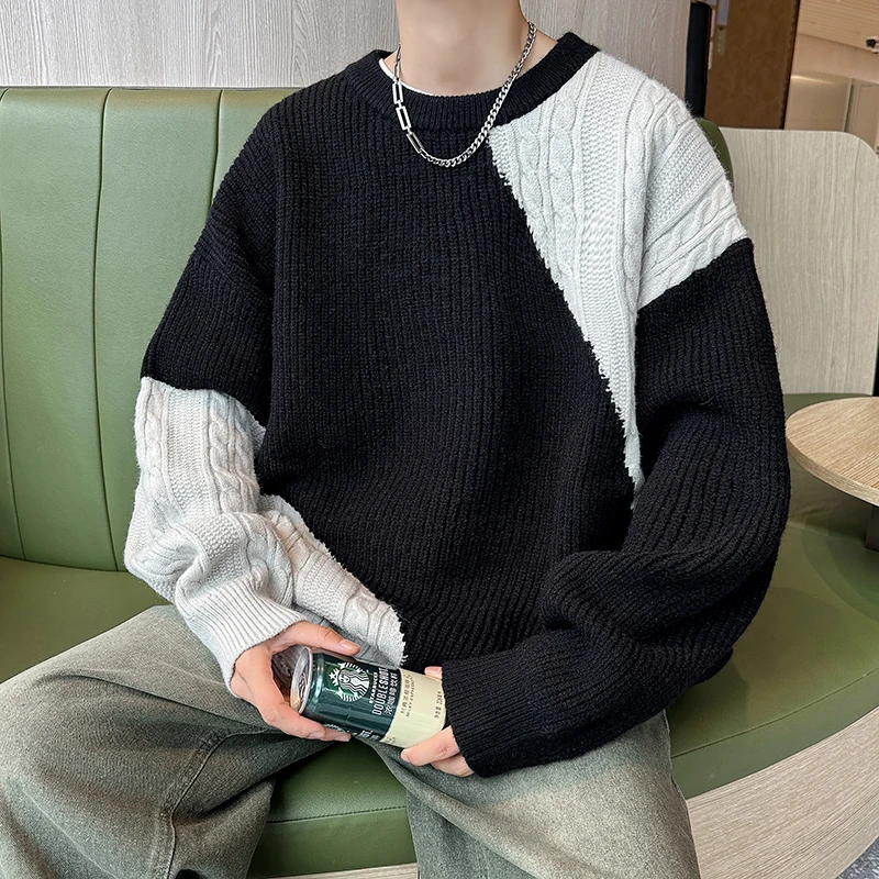 

Autumn Winter Round Neck Patchwork Loose Casual Jumpers Men Knitting Pullovers All-match Fashion Bottoming Sweater Top B98