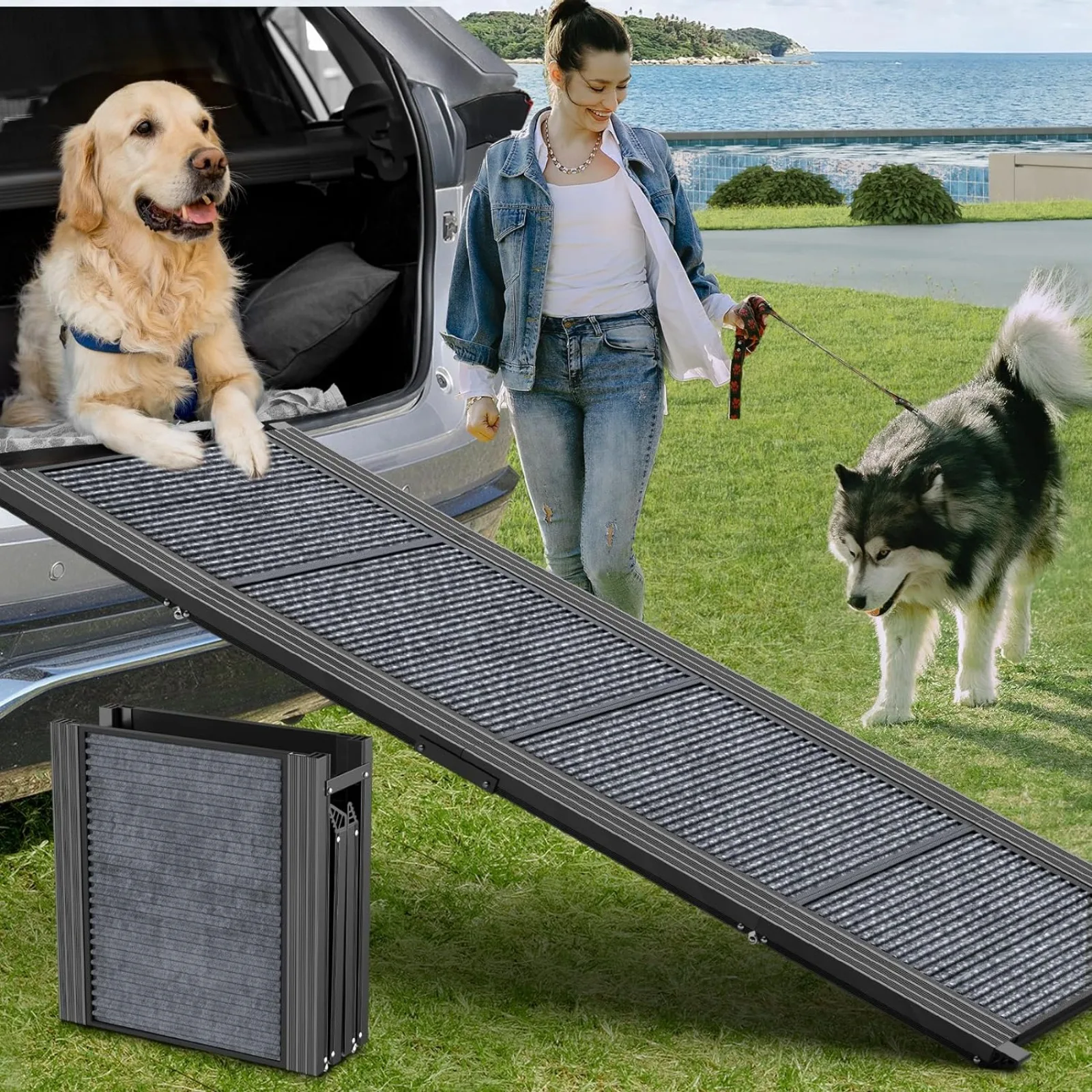 

US Dog Ramp for Car, 63" Long & 17" Wide Folding Portable Pet Stair Ramp with Non-Slip Rug Surface, Extra Wide Dog Step