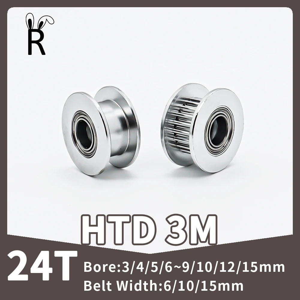 24Teeth Idler Pulley HTD 3M Timing Pulley Bore 3/4/5~10/12/15mm Synchronous Wheels Tooth Width 6/10/15mm Tensioner Wheels 3M 24T