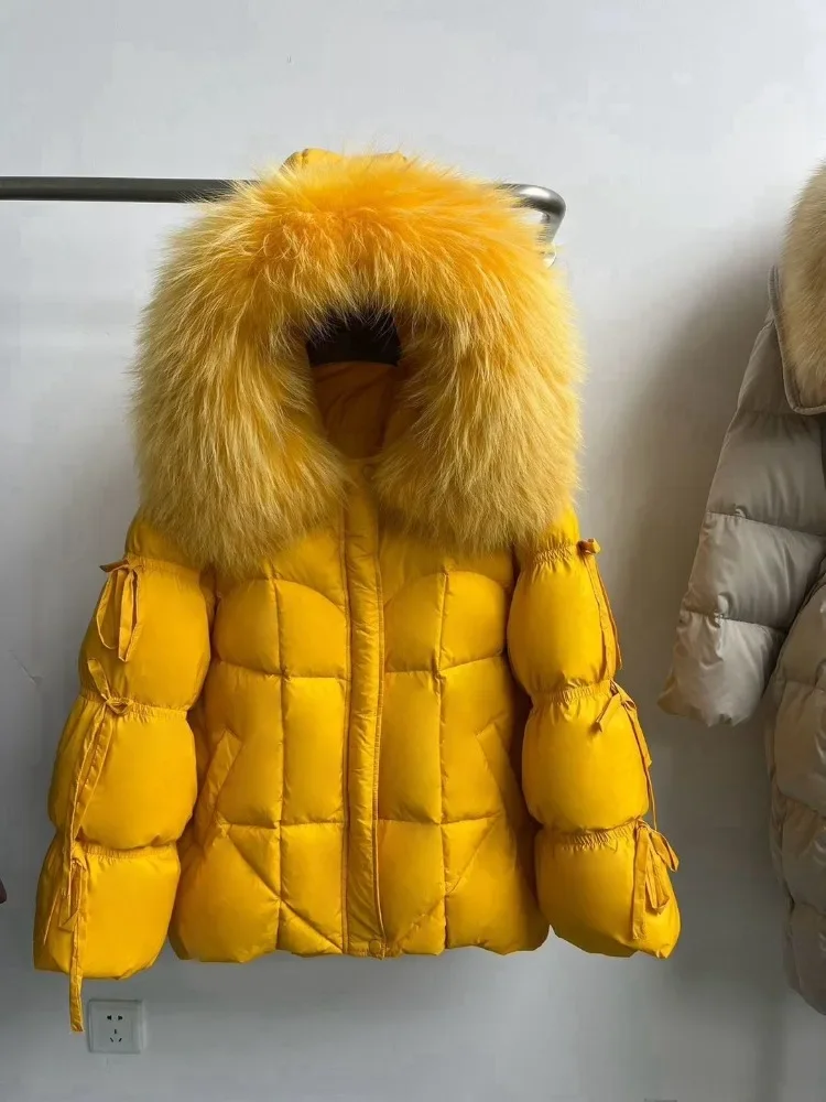 Nova moda feminina roupas de inverno gola de pele de raposa natural puffer jaqueta grosso quente branco ganso para baixo casaco de pele real parker