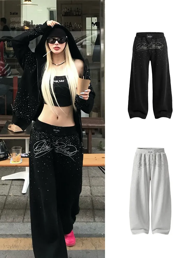 Retro American Rhinestone Casual Pants Women's Black Wide Leg Sports Long Trousers Fashionable Ladies Loose Fit Trousers