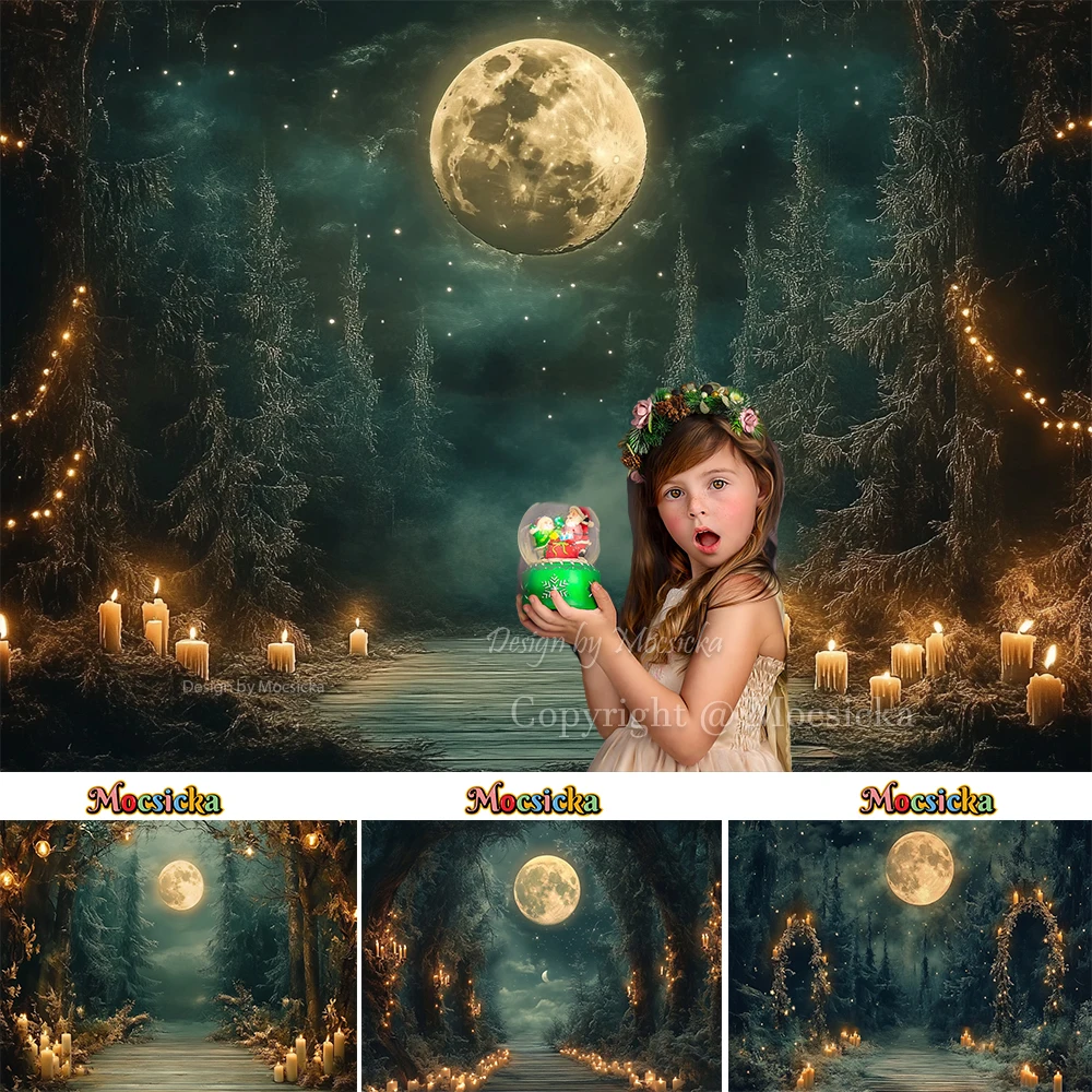 

Christmas Night Forest Background Photography Candle Moon Glitter Backdrop Kid Winter Xmas Outdoor Art Photoshoot Studio Prop