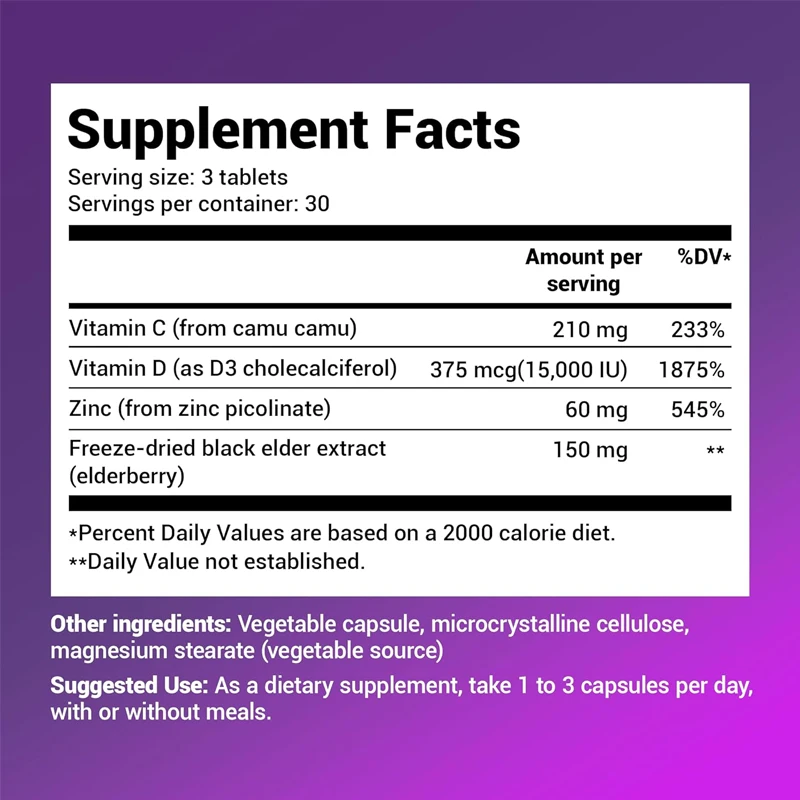 Advanced Immune Support Daily Immune Multi System Defense Supplement, containing 60 capsules of c,zinc, and elderberry