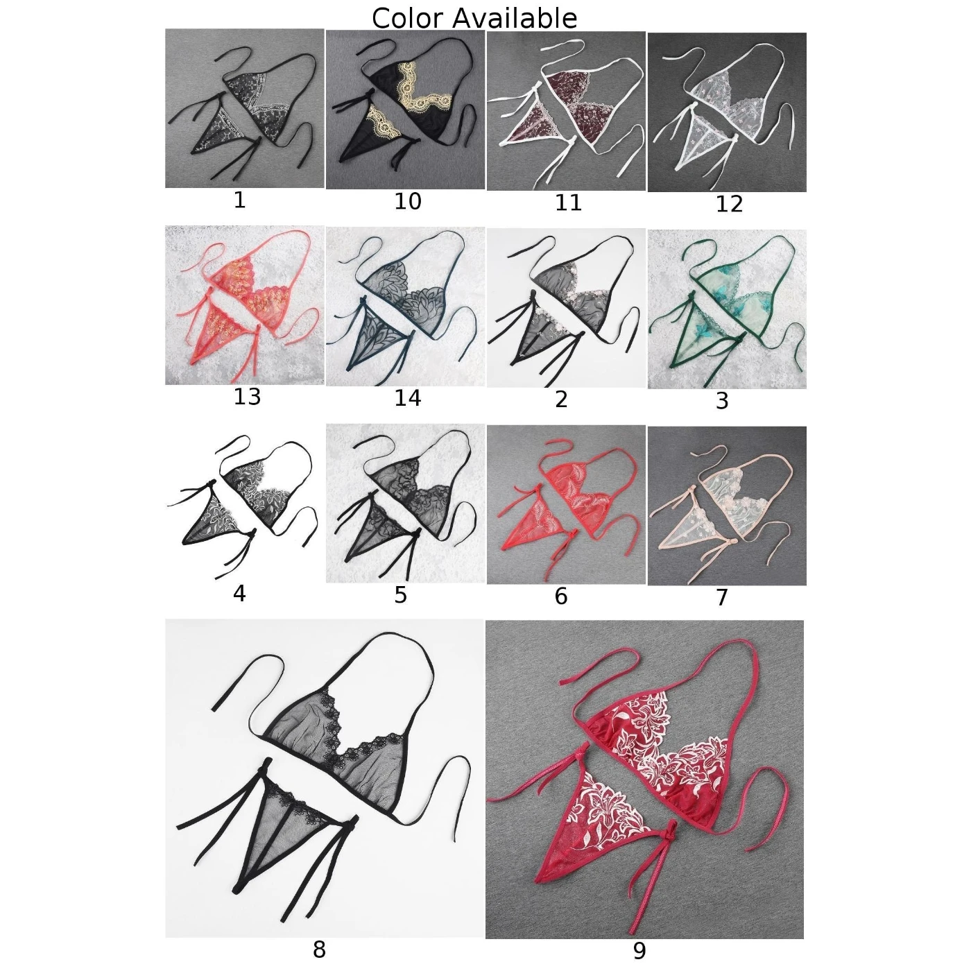 Sexy Lingerie Womens Bikini Bra Set Embroidered Flower 3 Point Transparent Mesh Lace Up Breathable Ultra-Thin Underwear
