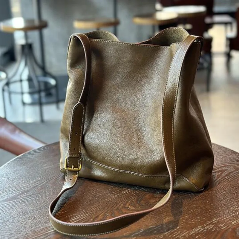 Japan and South Korea Leather female cowhide vintage Tote bag Large capacity cowhide shopping bag single shoulder crossbody bag