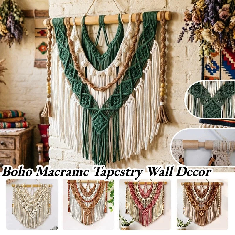 Handwoven Tapestry Boho Macrame Wall Hanging Decor Handmade Knitted Tassel Wall Art for Farmhouse Bedroom Living Room Home Decor