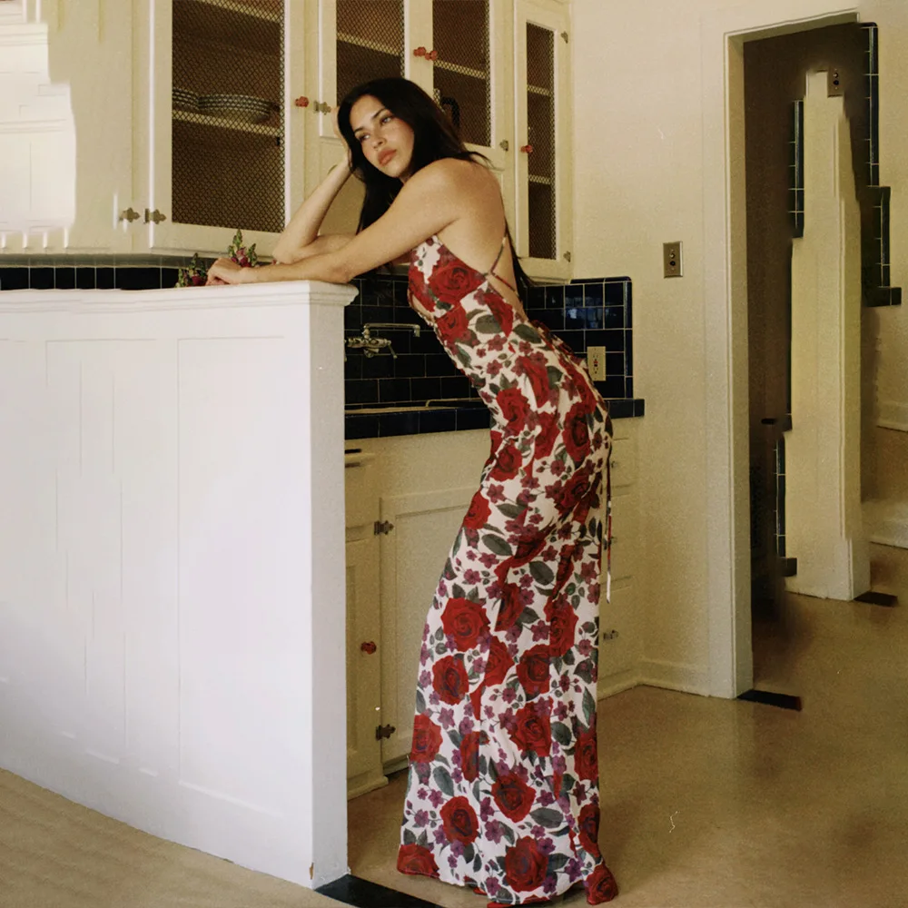 Spaghetti Band Backless Print Jurk Voor Dames Mode Diepe V-hals Mouwloos Lace Up Bodycon Gedrukt Sexy Lange Jurk