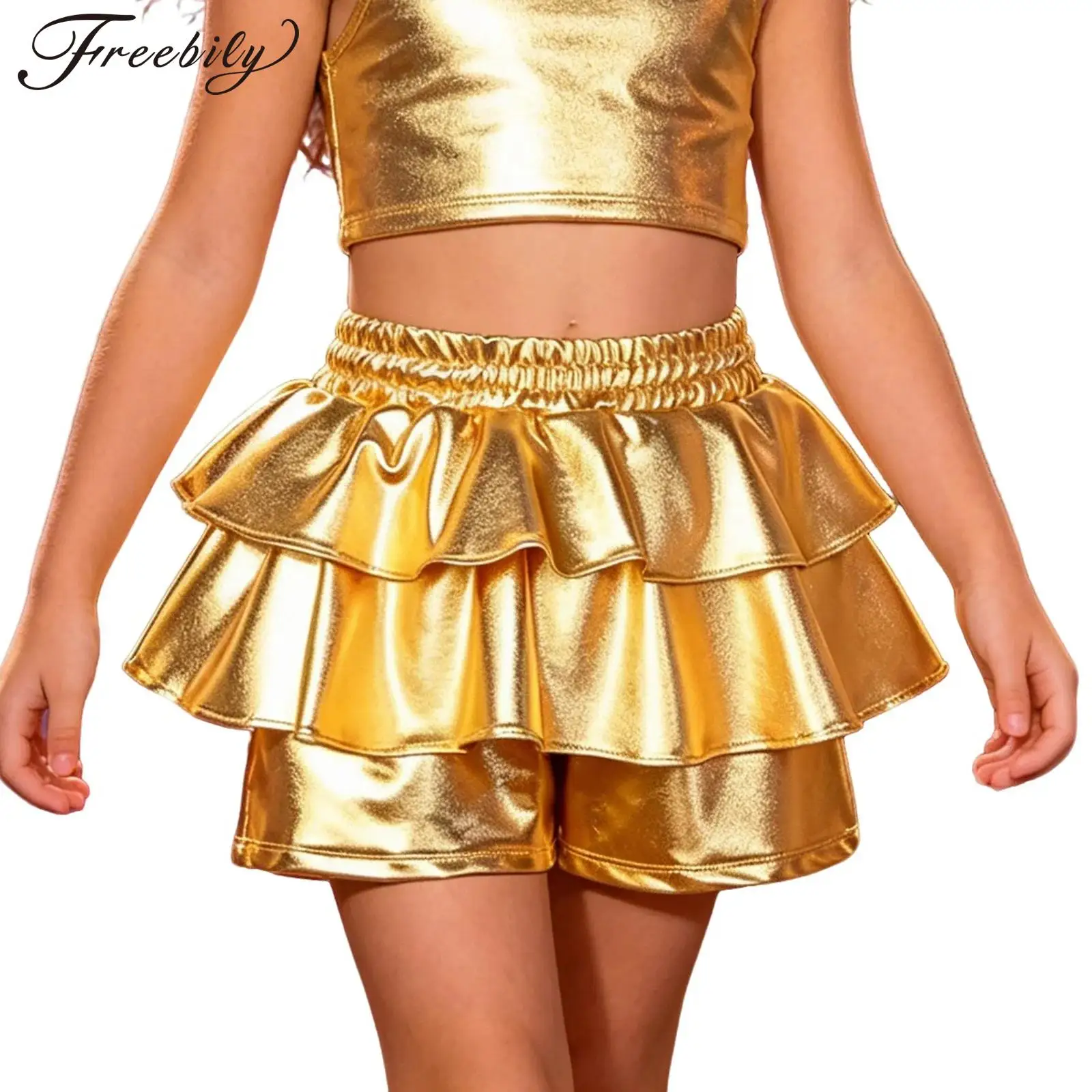 

Girls Metallic Shiny Pleated Skirt Shorts Elastic Waistband Ruffle Culottes Scooter Skater Pants for Cheerleading Jazz Dance