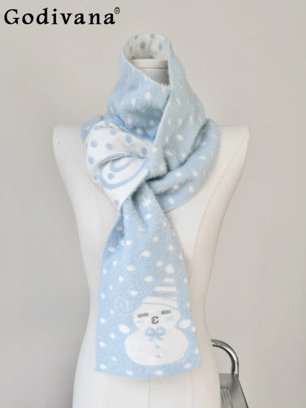 

Japanese Original Blue Snowman Polka Dot Scarf Soft Faux Mink Sweet Cute Girl Versatile Neck Warmer