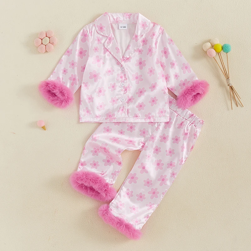 

Baby Girl Kids Valentine Pajamas Sets Floral Print Plush Trim Lapel Neck Long Sleeve Tops with Pants 2Pieces Toddler Sleepwear