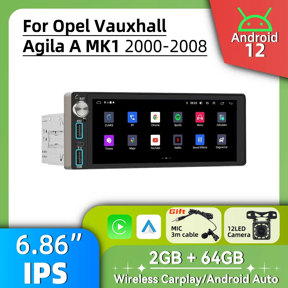 

1 Din Car Radio Autoradio Android Multimedia for Opel Vauxhall Agila A MK1 2000-2008 6.86" Screen Stereo Head Unit Carplay GPS