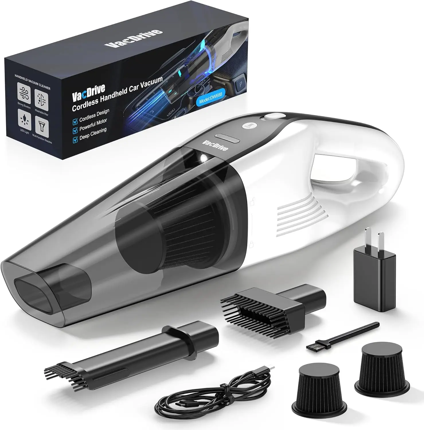 Cordless Handheld Vacuum with Ultra-Strong Suction, Rechargeable for Car and Home, White & Black