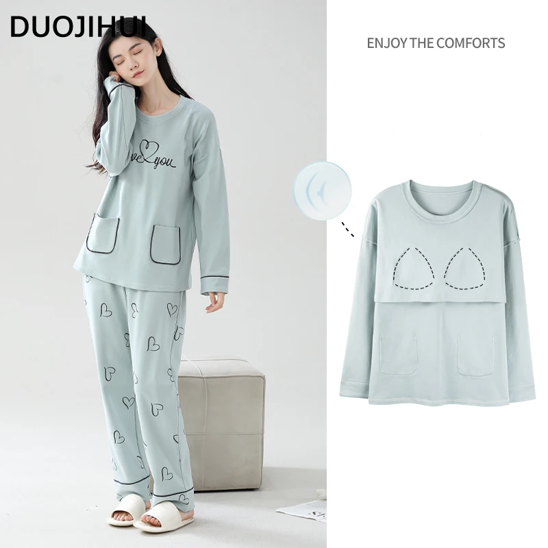 DUOJIHUI Pure Color Chic Pocket Casual pigiama per le donne autunno nuovo con pettorina Pullover Basic Pant Simple Female pigiama Set