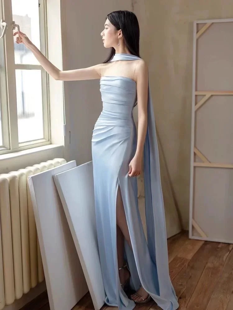 

B-004 Blue Evening Dress Skirt Women's New High-end Light Luxury Niche Engagement French Haute Couture Dinner