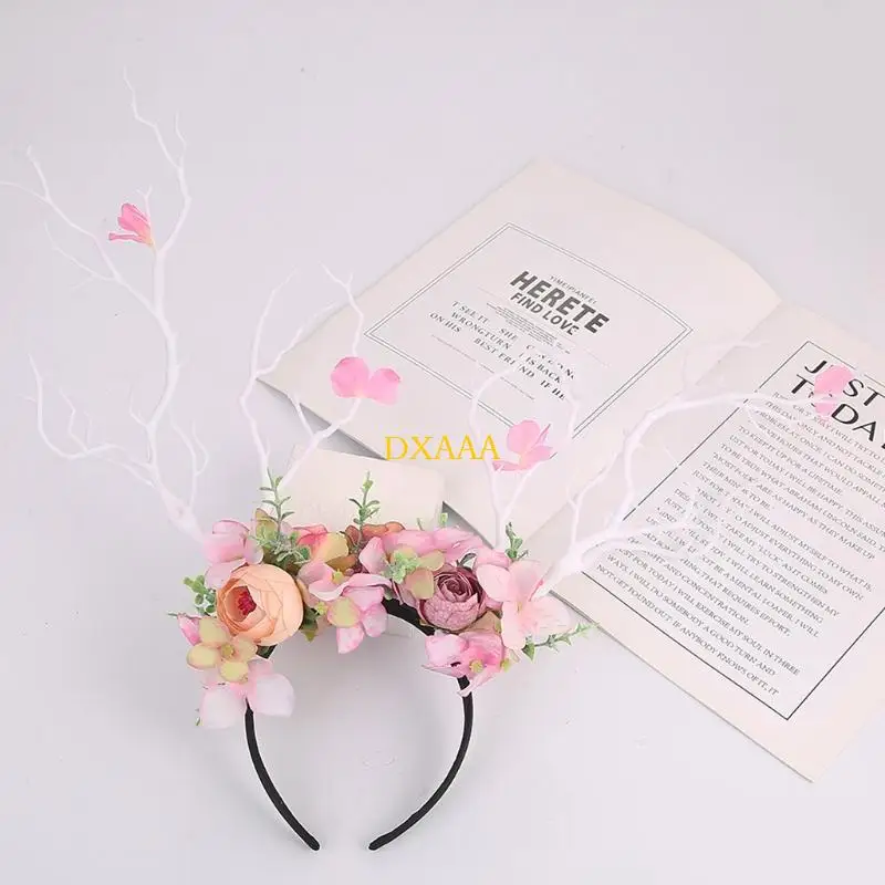 DXAA Christmas Flower Crown Reindeer Hair Hoop Floral Hair Wreath Christmas Headpiece view 5