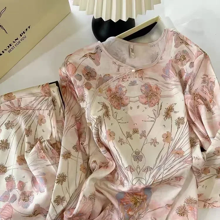 

Новый китайский стиль с цветочным принтом, одежда для сна, домашняя одежда, женский пижамный комплект из 2 предметов, брючные костюмы с длинными рукавами, элегантная атласная домашняя одежда