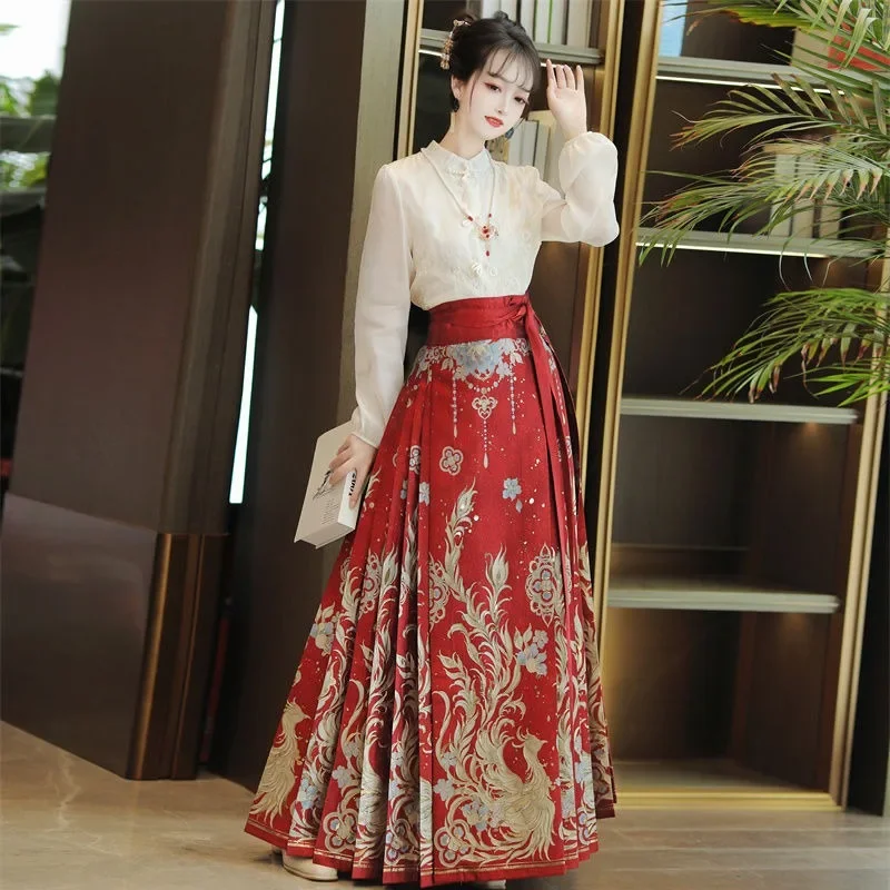 Ancient Chinese Women Costume Ming Dynasty Style White Embroidered Blouse Red Phoenix Print Horse faced Skirt hanfu dress