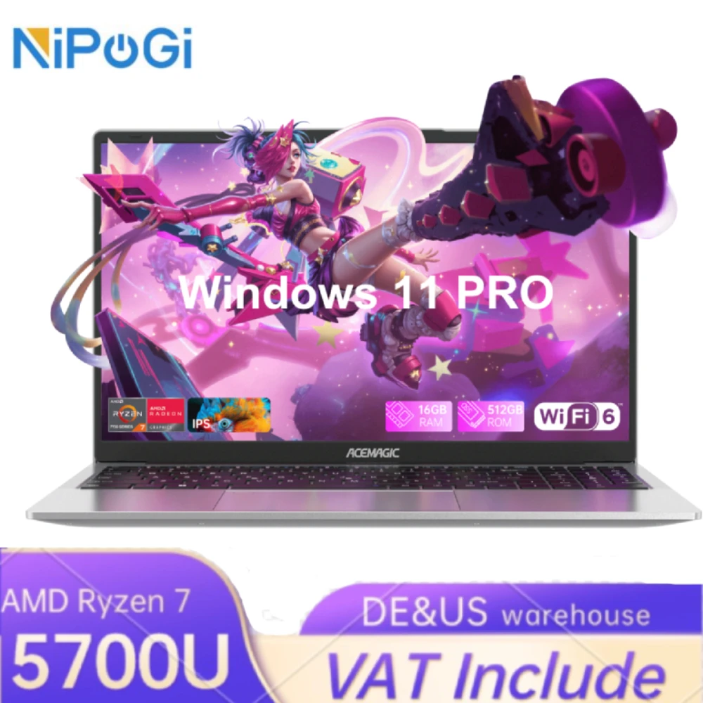 NIPOGI LX15Pro Laptop 15.6" FHD IPS AMD Ryzen 7 5700U 16GB RAM 512G SSD Fingerprint Unlock Backlit Keyboard Light Gaming Laptop