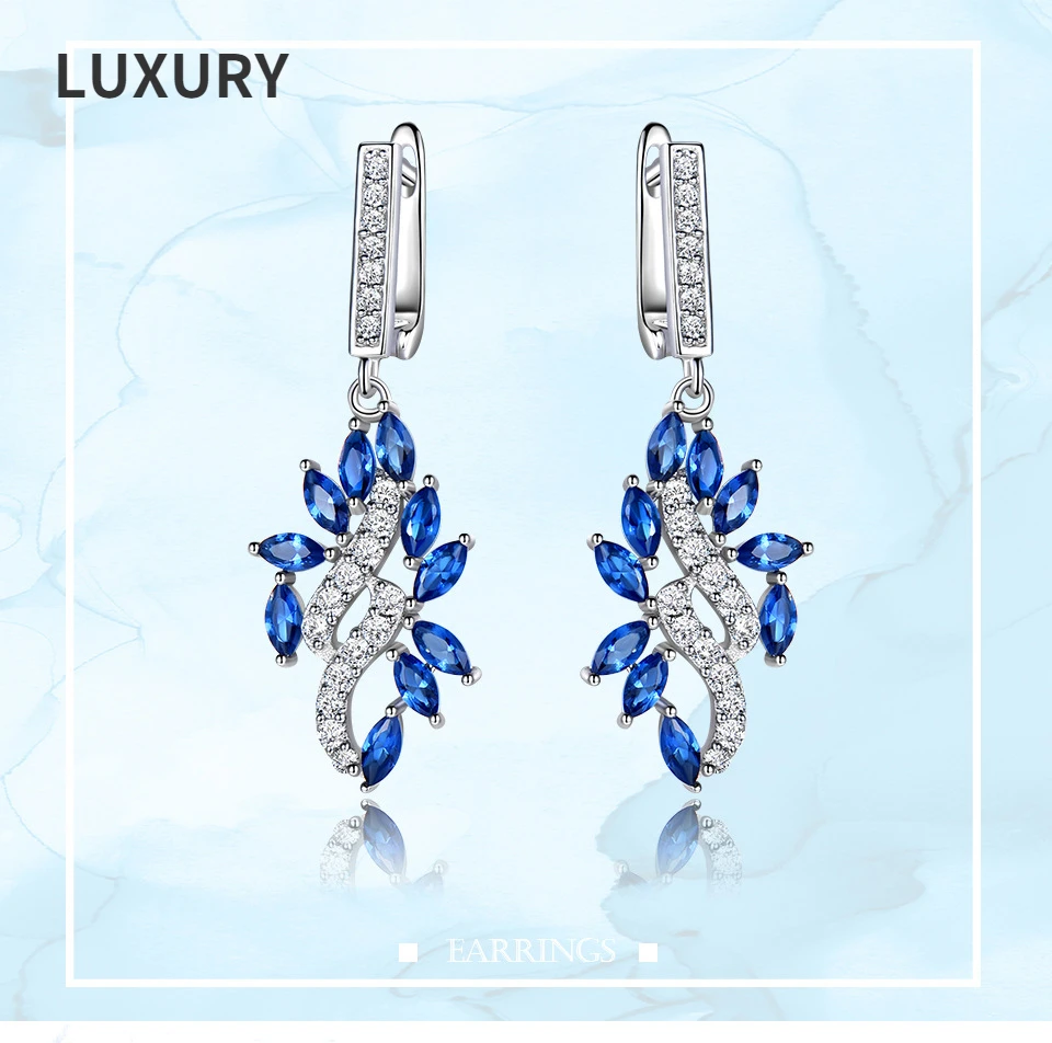 

Luxury 100%S925 Sterling Silver 4*20mm Blue Leaf High Carbon Diamond Drop Earrrings For Women Party Fine Jewelry