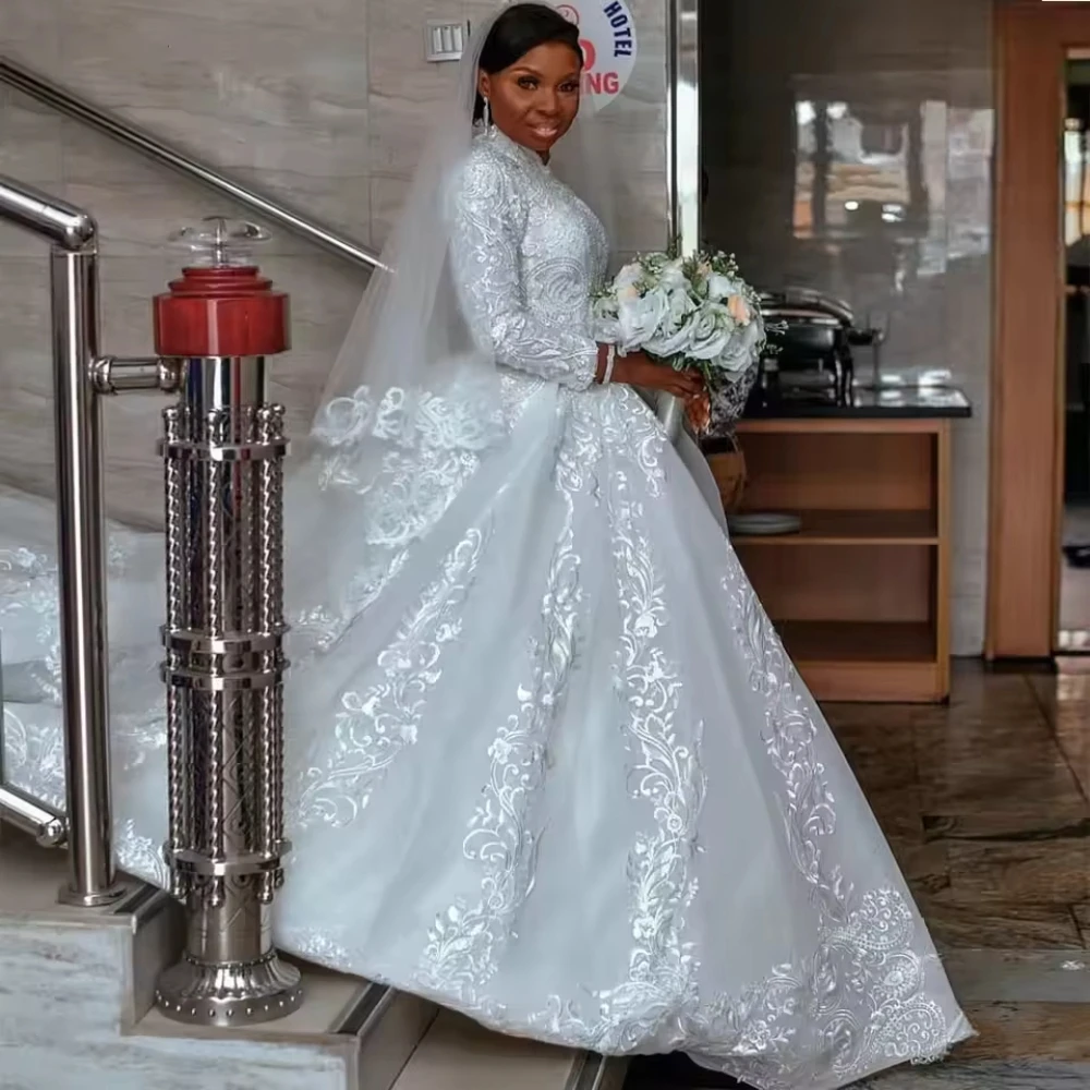 Luxury High Neck A-line Wedding Dress Long Sleeve Appliques Floor Length Tulle Bridal Gown For Church Wedding Ceremony no Veil