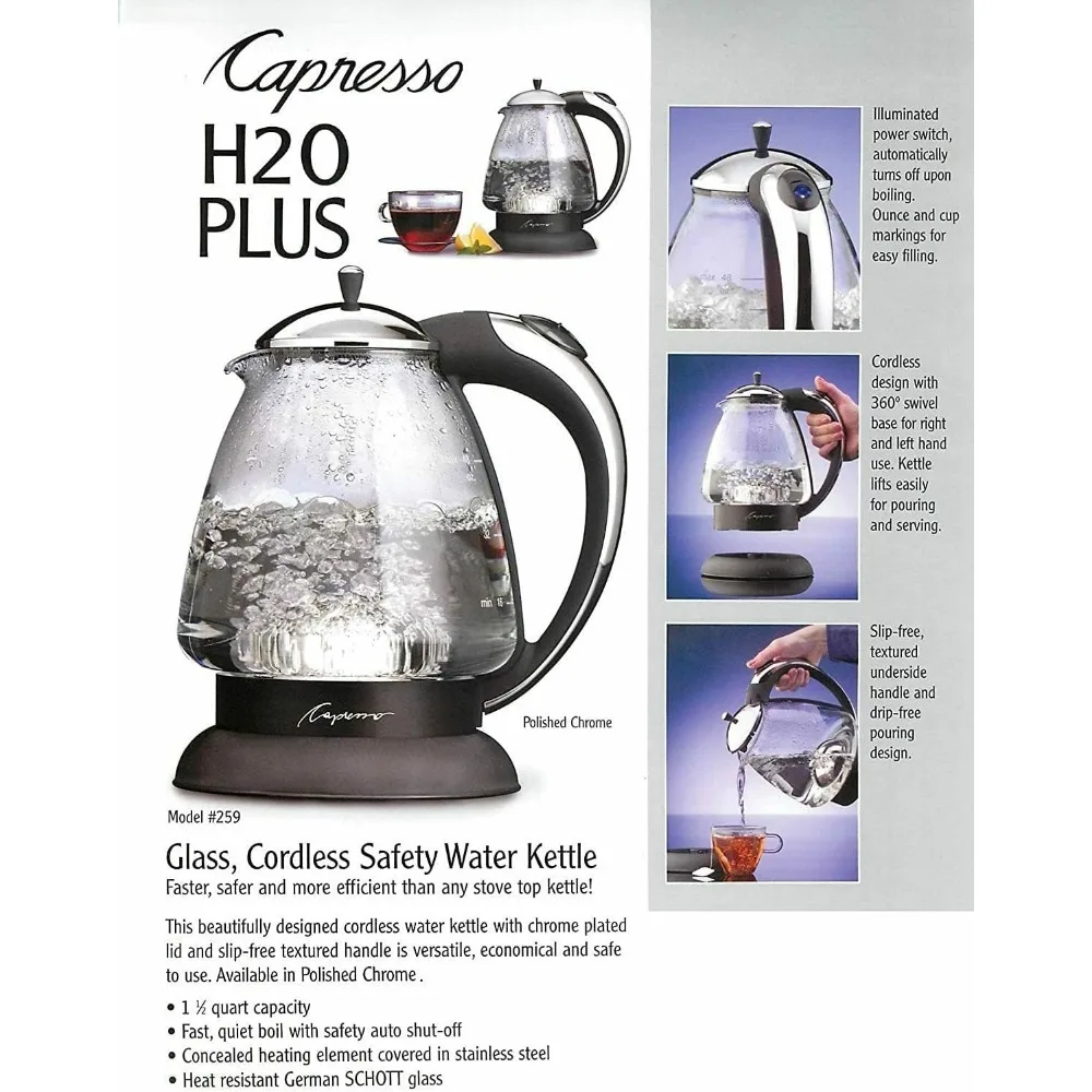 Chaleira de água, 10" x 8,25" x 6,25", cromo polido, proteção contra fervura a seco e desligamento automático para operação, serviço fácil