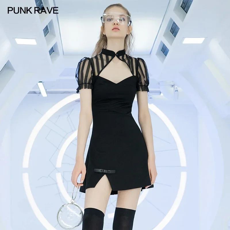 

PUNK RAVE Women's "Chinese Style Silk Fan"Chinese Punk Puff Sleeve Short Dress High Waist Sexy V-neck Thick Dresses Summer