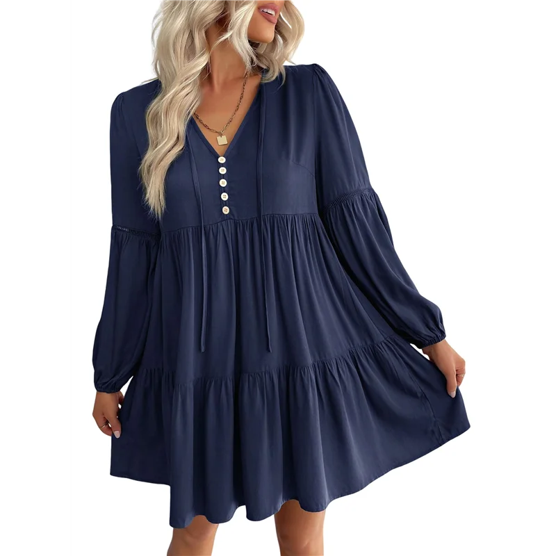 فساتين قصيرة بأكمام طويلة للنساء، رقبة على شكل V، فستان خريفي كاجوال فضفاض مناسب للنساء، فستان بوهو للعطلات، أزرق كحلي M