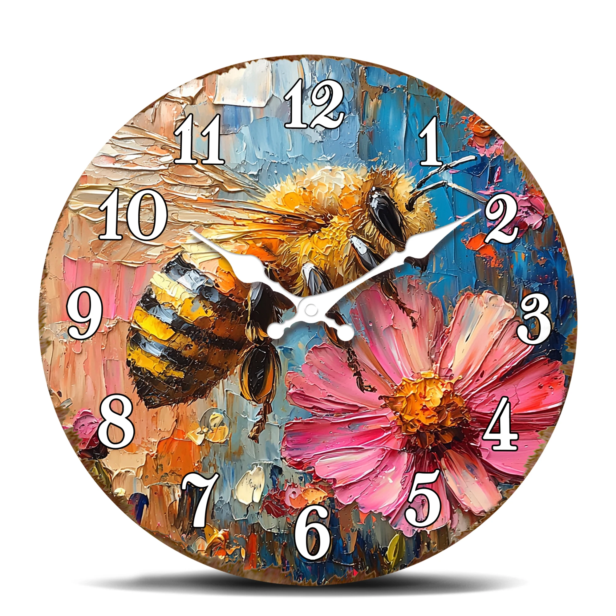 Biene auf bunter Blumen-Wanduhr, impressionistischer Malstil, geräuschloses Quarzuhr-Dekor