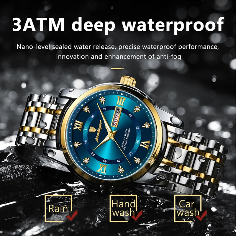 POEDAGAR Brand Luxury Stainless Steel Date Week Quartz Watch for Men Sports Waterproof Luminous Fashion Mens Watches Reloj