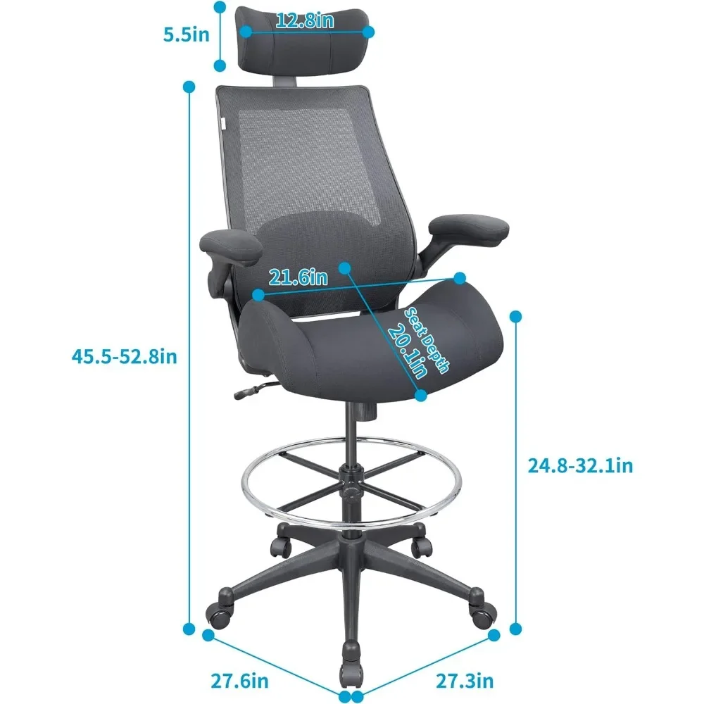 High-Back Mesh Ergonomic Drafting Chair,Tall Office Chair, Standing Desk Chair,Adjustable Headrest,with Flip-Up Ar