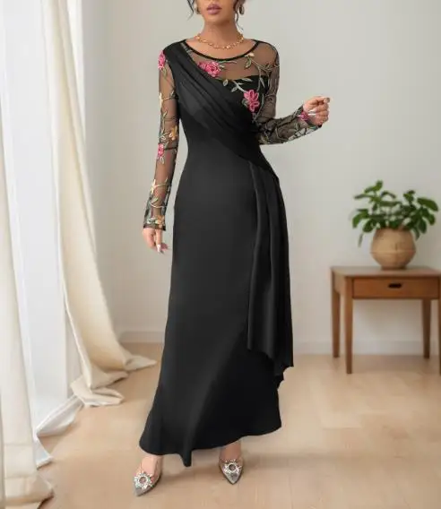 

Womens Dresses 2025 Spring New Vintage Style Round Neck Mesh Embroidered Splicing Long Sleeve Casual Long Dress for Women
