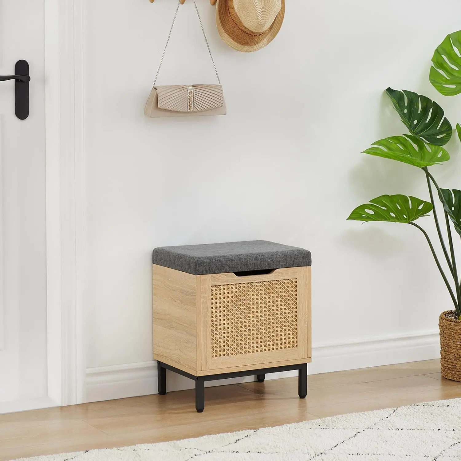 مجموعة مقاعد تخزين أحذية الروطان الطبيعية ، مقعد المدخل مع صندوق الفرز ، منظم مع وسادة ، 2 في 1 ، 16"