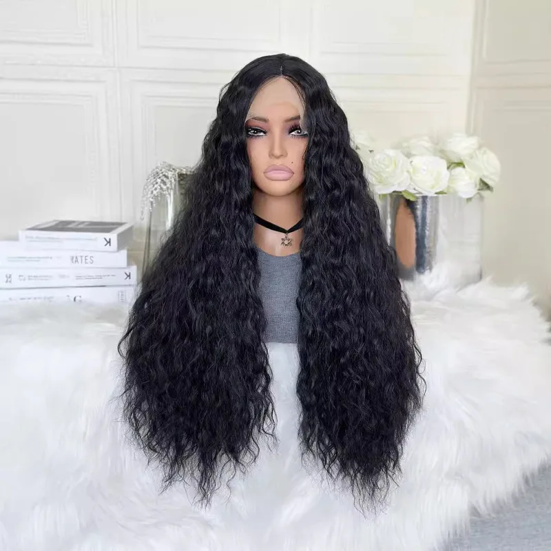 Cross-border wigs European and American women's lace front synthetic wigs black middle-parted long curly hair water wave pattern
