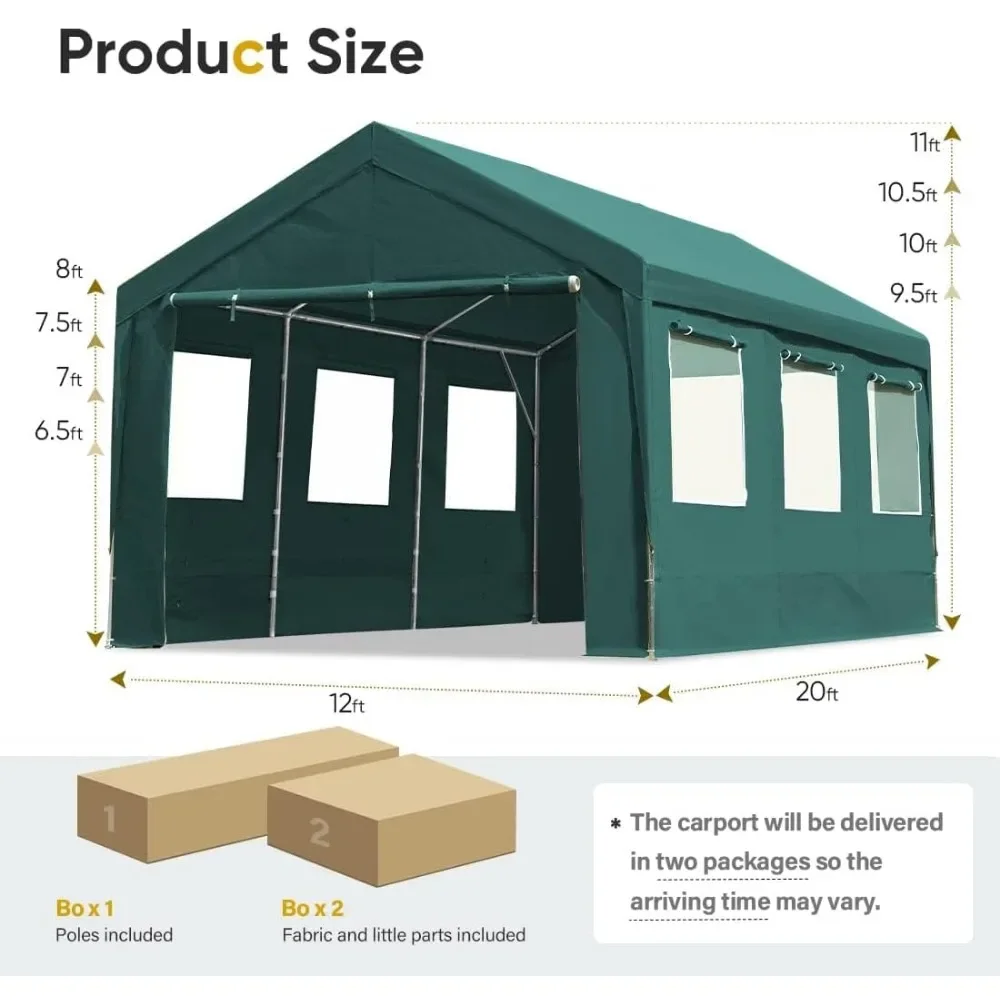 12x20 ft Heavy Duty Adjustable Carport with 6 Roll-up Ventilated Windows & Removable Sidewalls Car Canopy Garage Boat Shelter