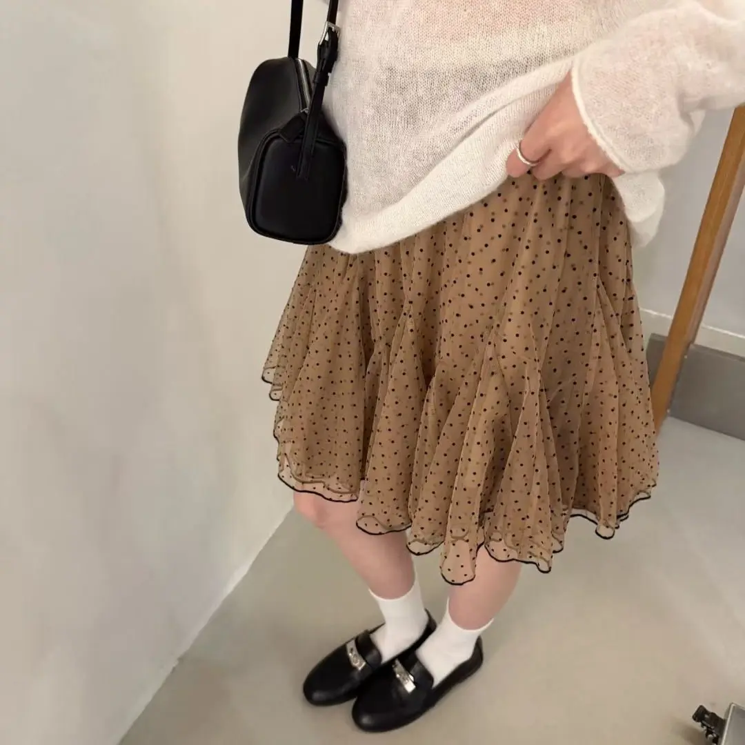 

Короткая юбка А-силуэта кофейного цвета в горошек с флокированием, на резинке, в корейском стиле, для повседневной носки, из полиэфирного волокна