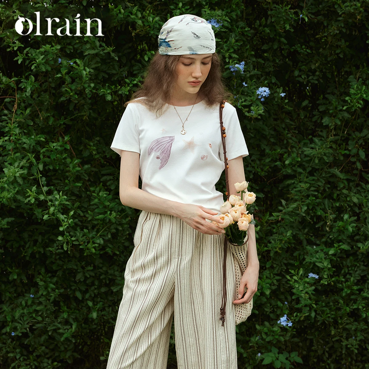 OLrain Fun Print Short Sleeve Cotton Tee 2026 Summer White French Casual Round Neck Daily Office Top Women's Clothes O58XT005109