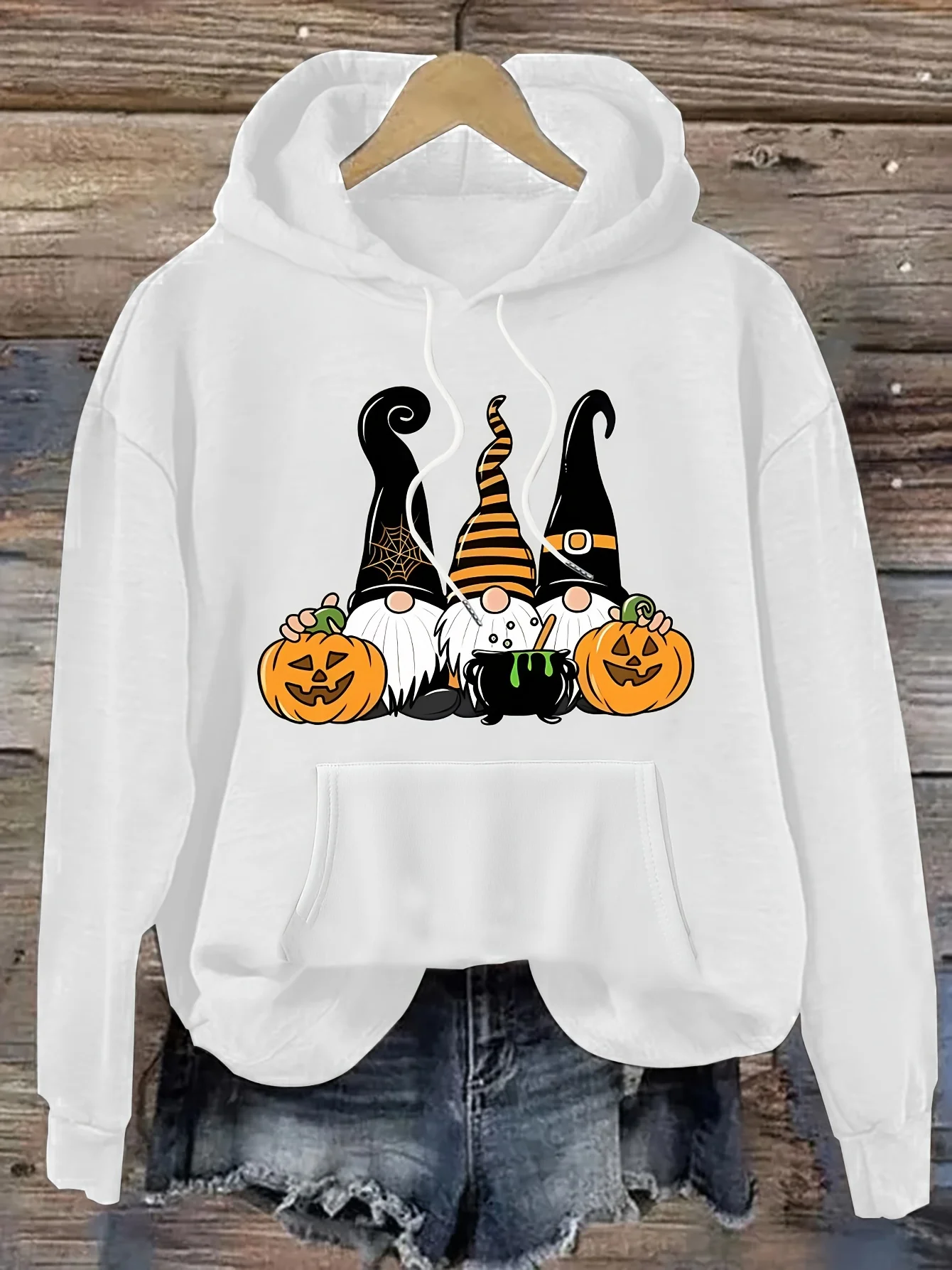 سترة نسائية كاجوال وعصرية بطباعة اليقطين، مصنوعة من البوليستر المريح، قابلة للغسل في الغسالة، جيب الكنغر #1