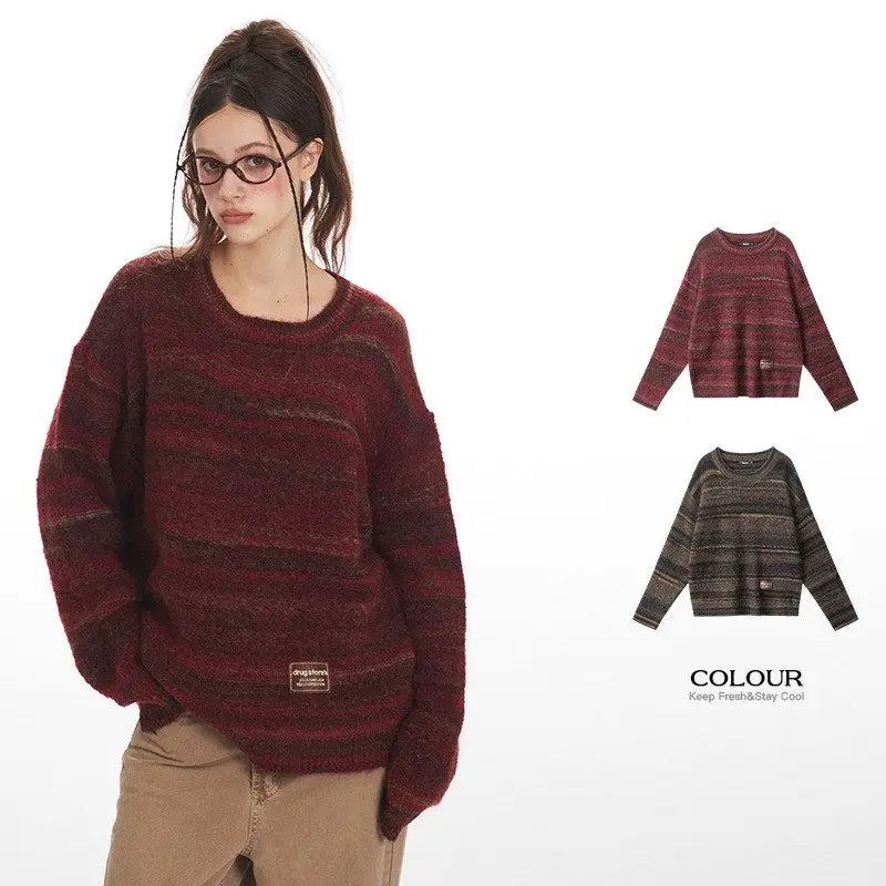 HeyHenry レディース オーバーサイズ ラウンドネック ニットウェア Vネック セーター カジュアル ストライプ アウター 快適 ルーズフィット カップル向け