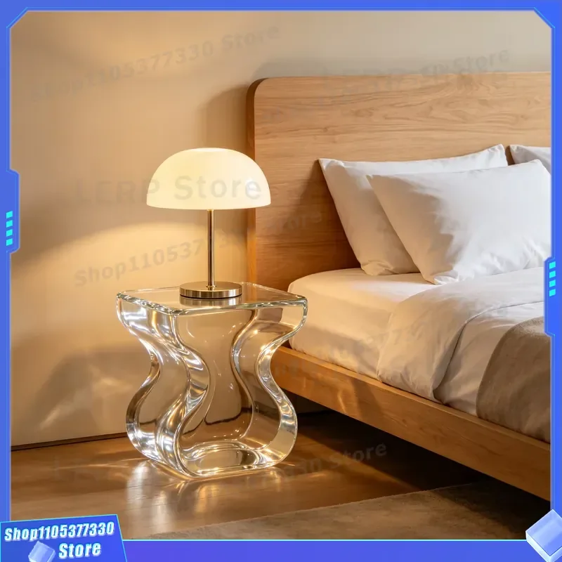 Modern Art Style Transparent Crystal Resin Bedside Table Wavy Design Engraved Nightstand for Fashionable Bedroom Home