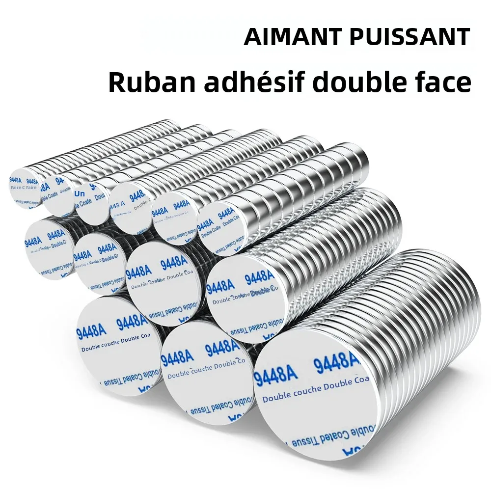 Aimant super puissant en néodyme avec adhésif double face, aimant rond NdfeB N35, aimant permanent puissant, aimants pour réfrigérateur