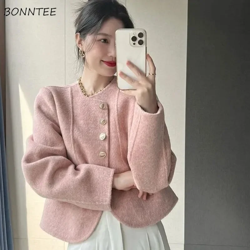 Woolen Coat Women Jacket Autumn Winter Basic Belted Elegant Short Two-sided  Female Metal Button Simple Sweet Korean Style