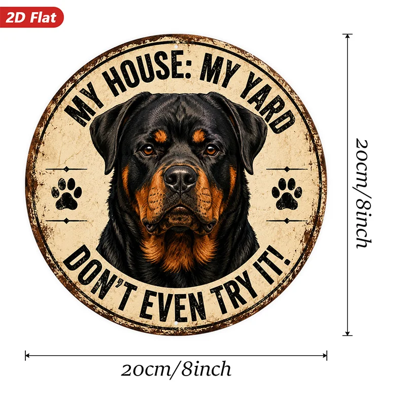 2D Flat, 1pc Guard Dog Warning Round Metal Sign Wall Art, Perfect for Corner Living Room, My House My Yard Quote, Home Decor, Ro